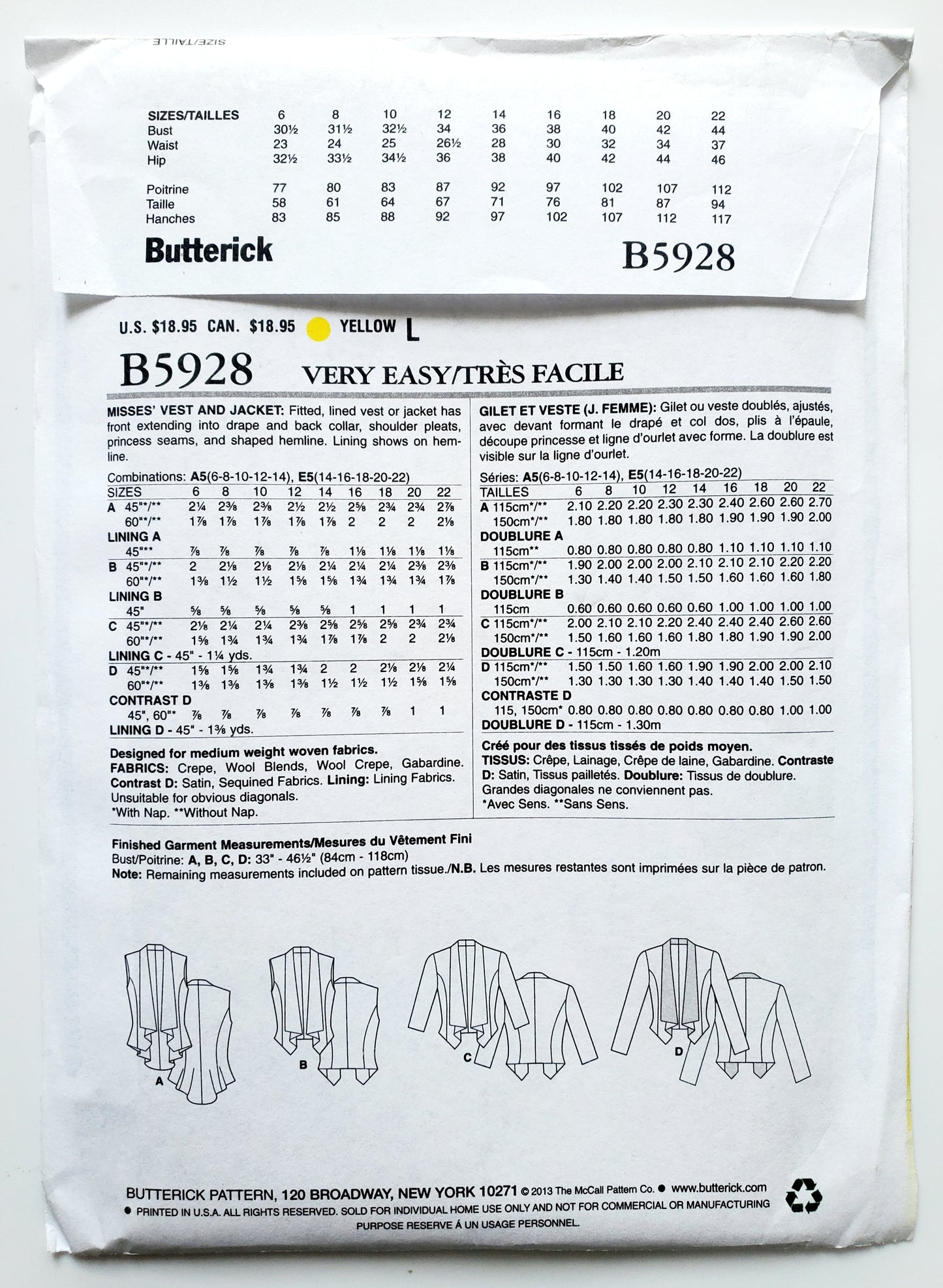 BUTTERICK Sewing Pattern B5928, Vest, Jacket, Size 6-14