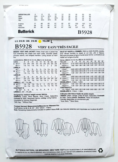 BUTTERICK Sewing Pattern B5928, Vest, Jacket, Size 6-14