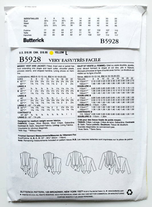 BUTTERICK Sewing Pattern B5928, Vest, Jacket, Size 6-14
