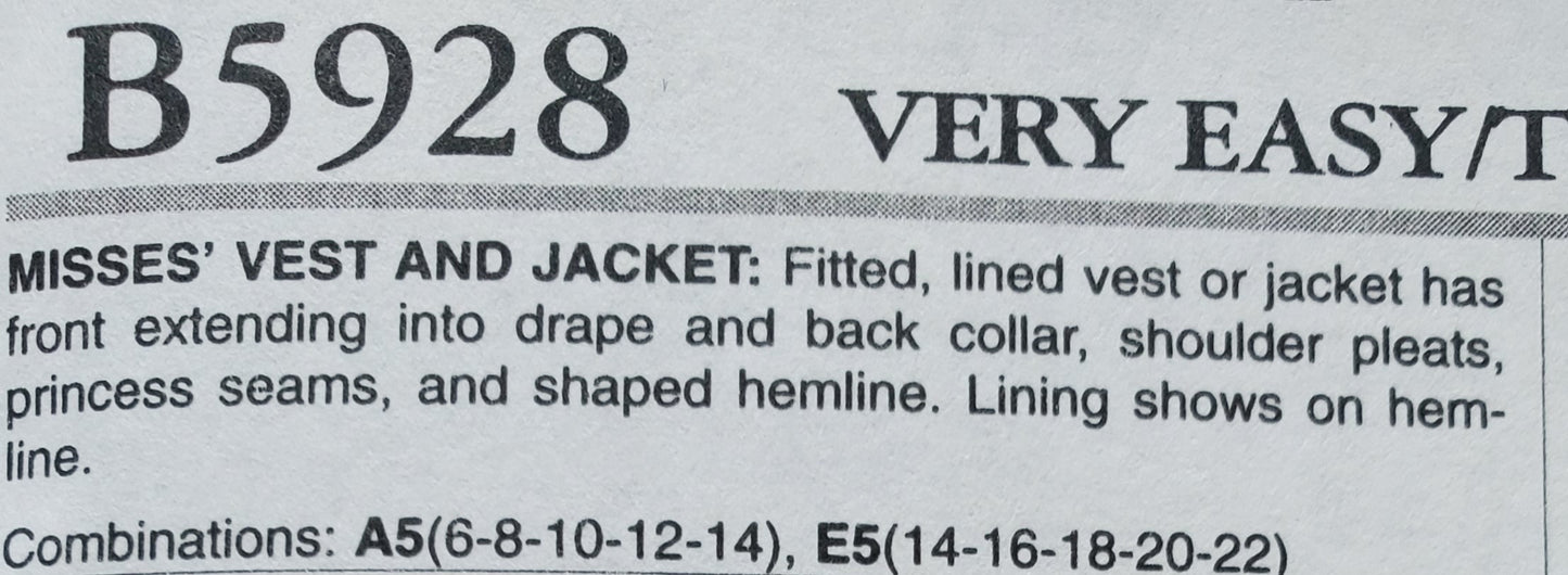 BUTTERICK Sewing Pattern B5928, Vest, Jacket, Size 6-14