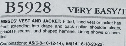 BUTTERICK Sewing Pattern B5928, Vest, Jacket, Size 6-14
