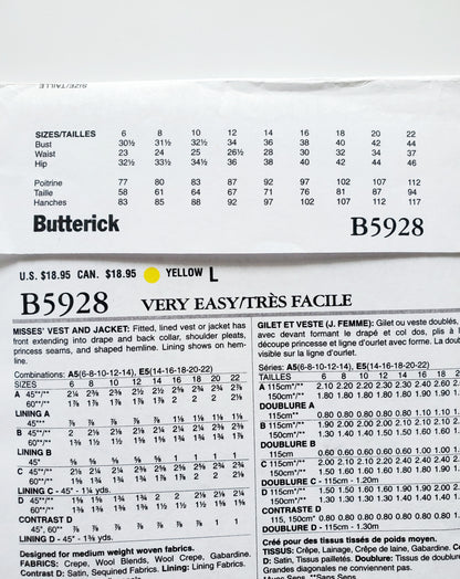 BUTTERICK Sewing Pattern B5928, Vest, Jacket, Size 6-14
