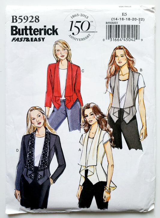 BUTTERICK Sewing Pattern B5928, Vest, Jacket, Size 14-22