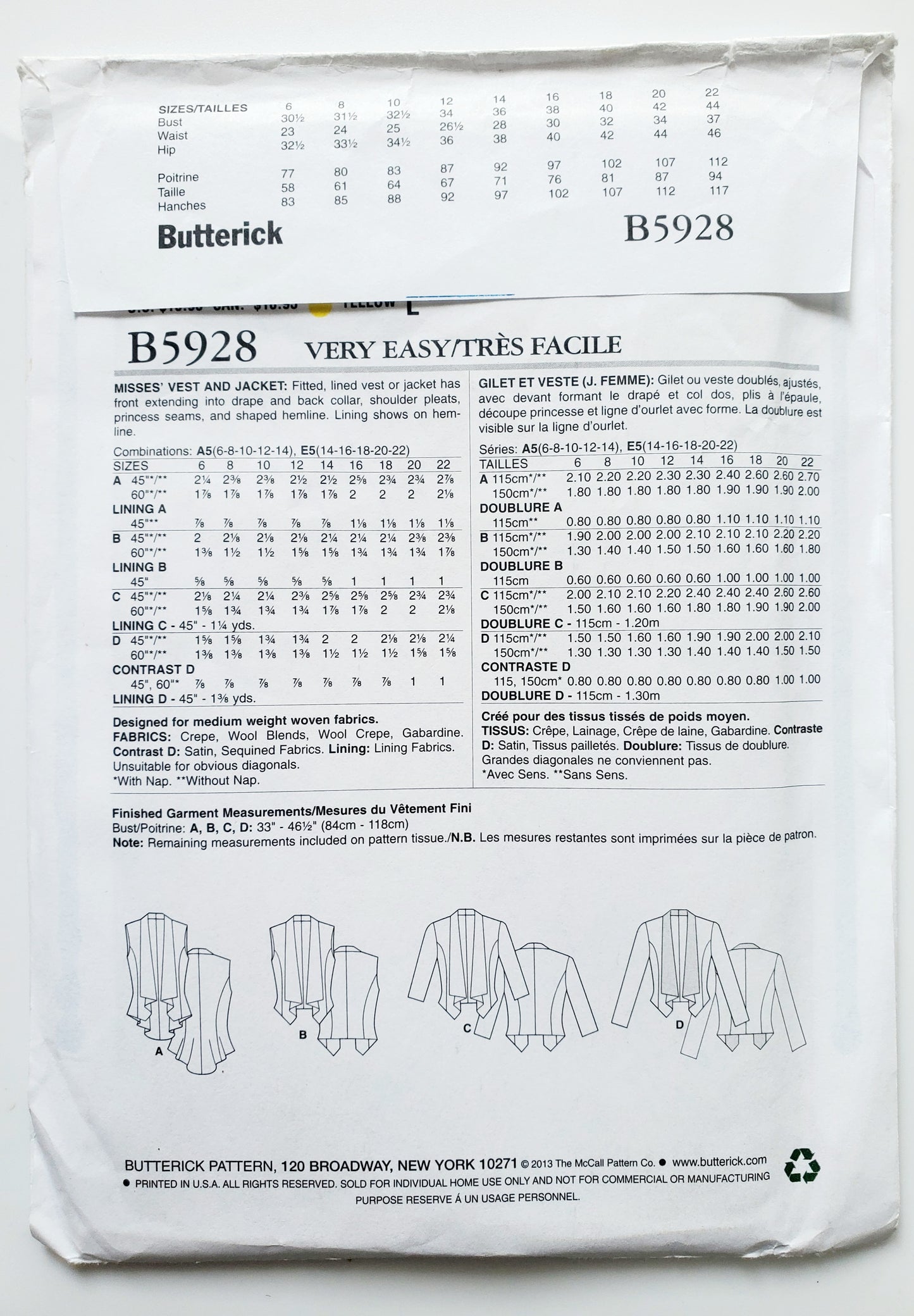 BUTTERICK Sewing Pattern B5928, Vest, Jacket, Size 14-22