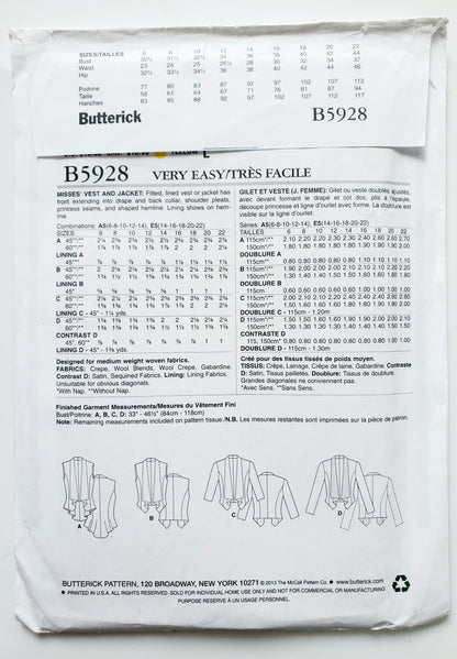 BUTTERICK Sewing Pattern B5928, Vest, Jacket, Size 14-22