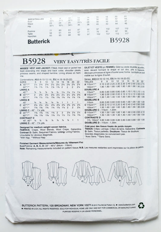 BUTTERICK Sewing Pattern B5928, Vest, Jacket, Size 14-22