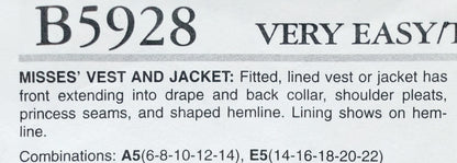 BUTTERICK Sewing Pattern B5928, Vest, Jacket, Size 14-22
