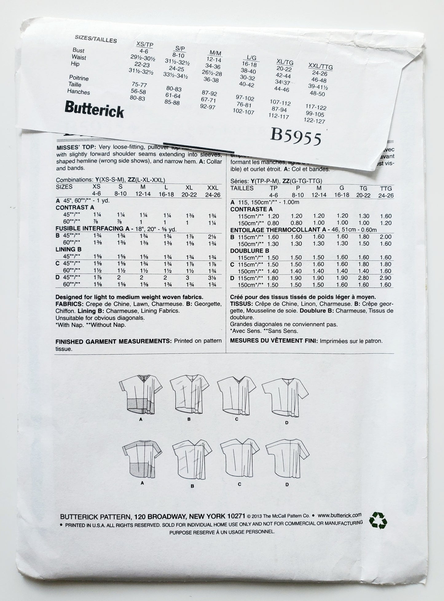 BUTTERICK Sewing Pattern B5955, Top, Loose Fitting Top, Back Yoke, Size 4-14
