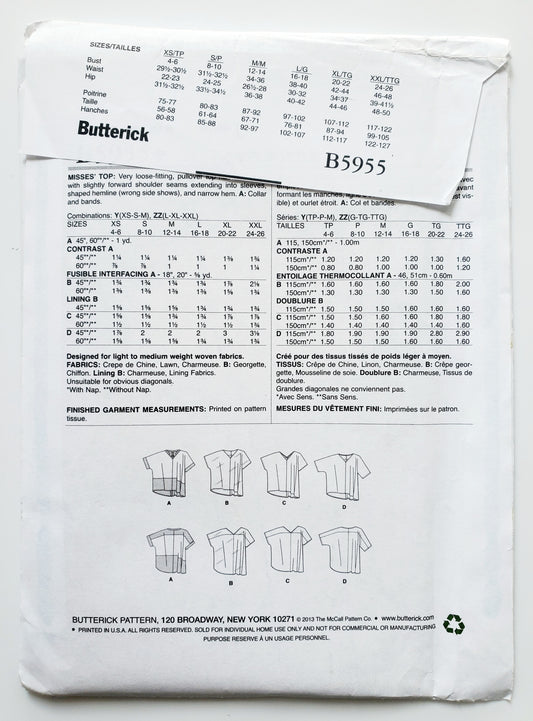 BUTTERICK Sewing Pattern B5955, Top, Loose Fitting Top, Back Yoke, Size 4-14