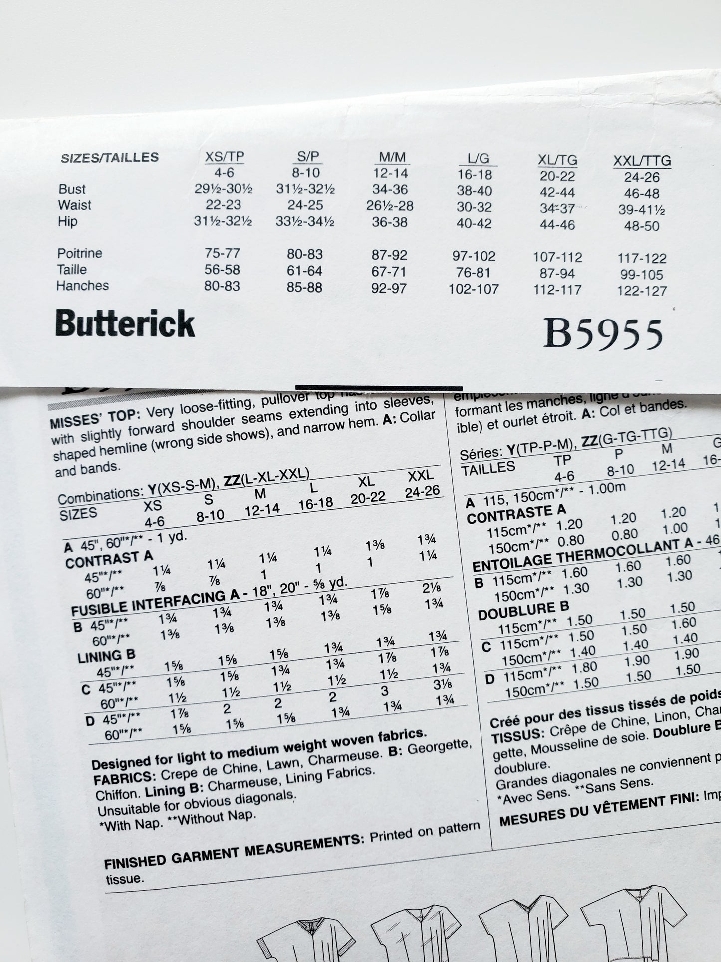 BUTTERICK Sewing Pattern B5955, Top, Loose Fitting Top, Back Yoke, Size 4-14