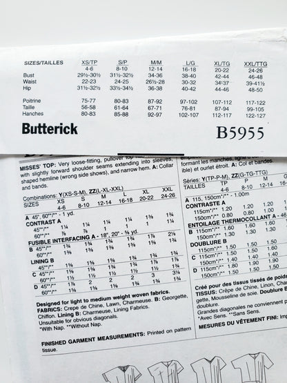 BUTTERICK Sewing Pattern B5955, Top, Loose Fitting Top, Back Yoke, Size 4-14