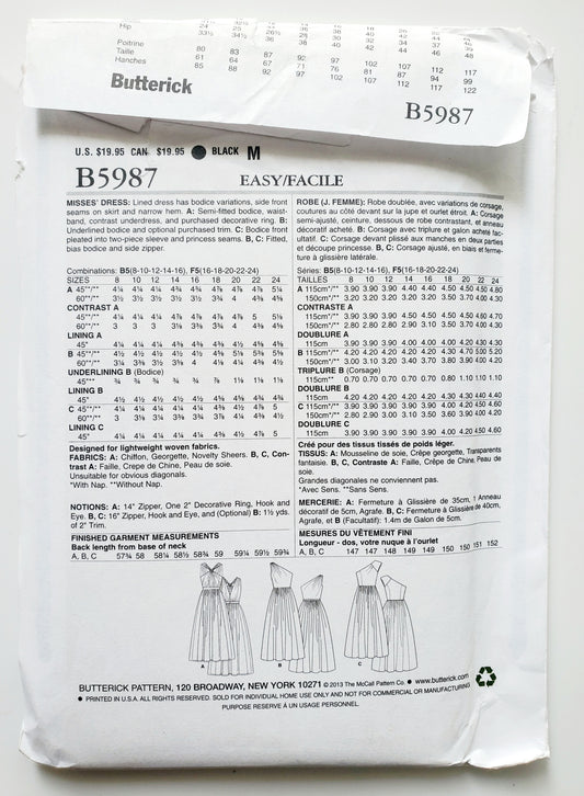 BUTTERICK Sewing Pattern B5987, Dress, Evening Dress, Bridesmaid Dress, Size 16-24