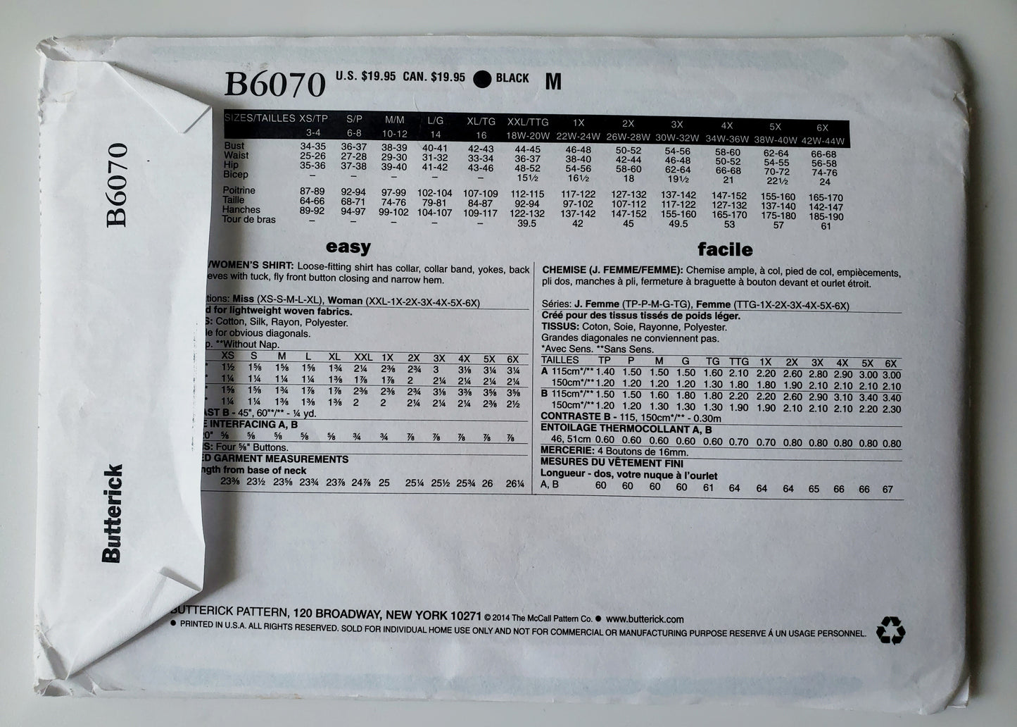 BUTTERICK Sewing Pattern B6070, Shirt, Losse-Fitting Shirt, Sleeves with Tuck, Size 18-44