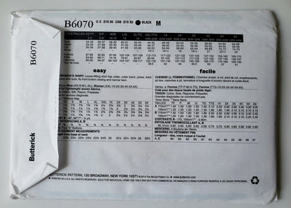 BUTTERICK Sewing Pattern B6070, Shirt, Losse-Fitting Shirt, Sleeves with Tuck, Size 18-44