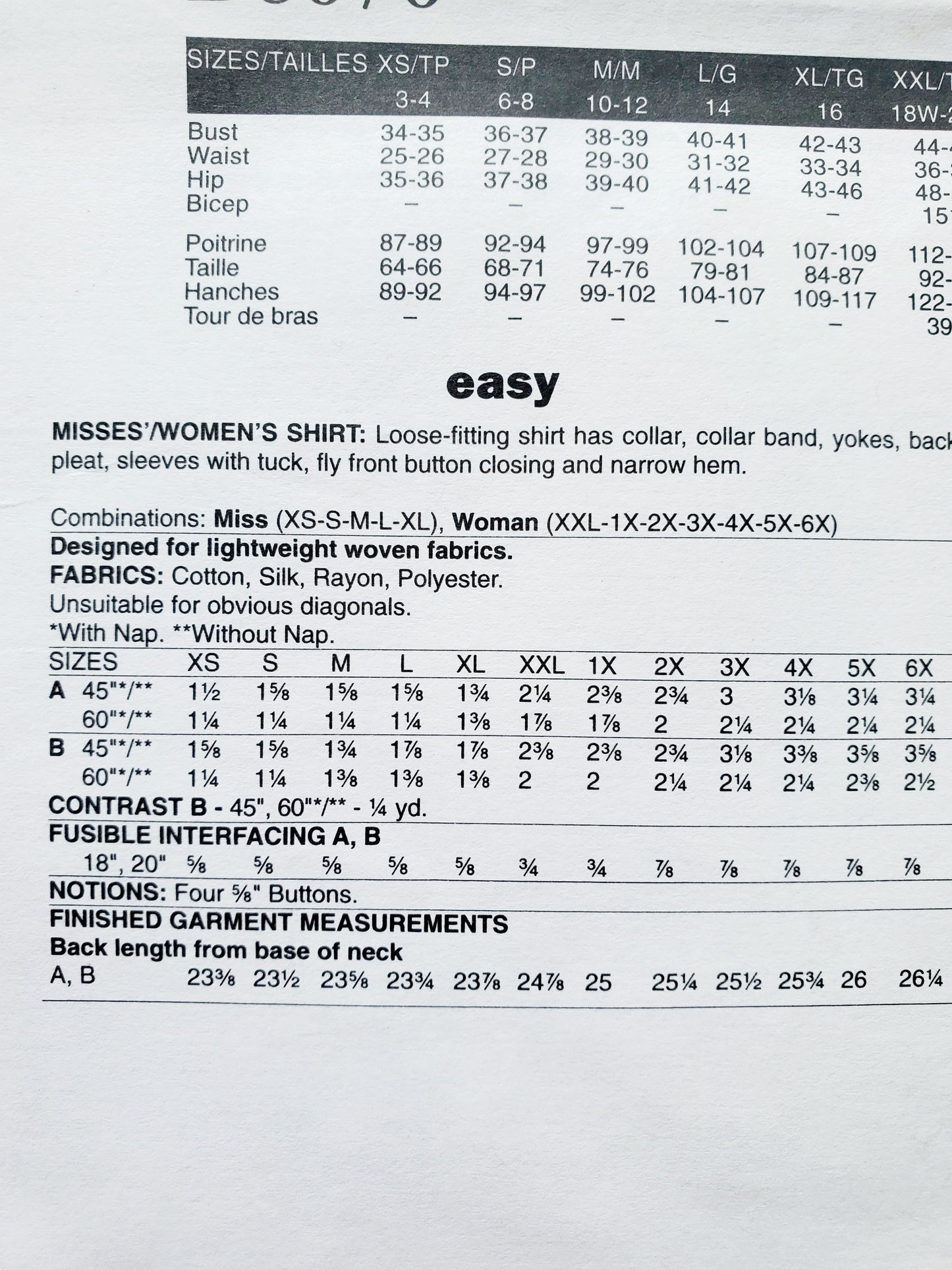 BUTTERICK Sewing Pattern B6070, Shirt, Losse-Fitting Shirt, Sleeves with Tuck, Size 18-44