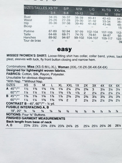 BUTTERICK Sewing Pattern B6070, Shirt, Losse-Fitting Shirt, Sleeves with Tuck, Size 18-44