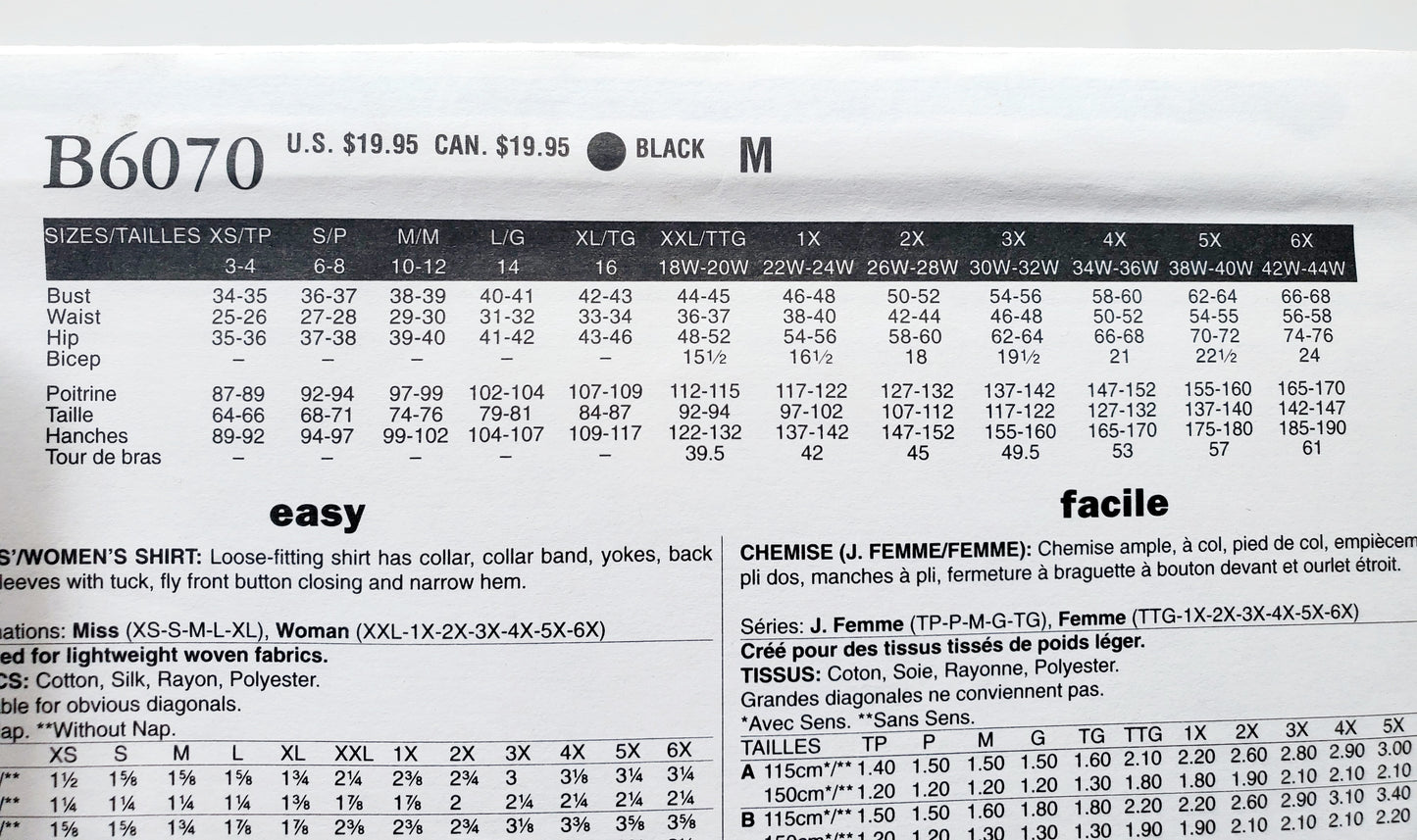 BUTTERICK Sewing Pattern B6070, Shirt, Losse-Fitting Shirt, Sleeves with Tuck, Size 18-44