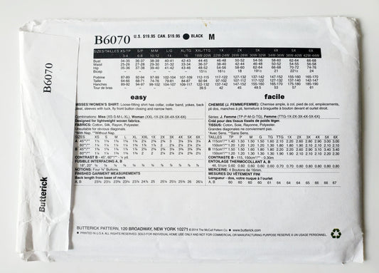 BUTTERICK Sewing Pattern B6070, Shirt, Losse-Fitting Shirt, Sleeves with Tuck, Size 3-16