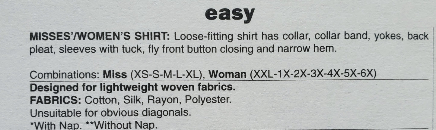 BUTTERICK Sewing Pattern B6070, Shirt, Losse-Fitting Shirt, Sleeves with Tuck, Size 3-16