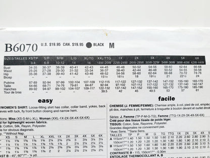 BUTTERICK Sewing Pattern B6070, Shirt, Losse-Fitting Shirt, Sleeves with Tuck, Size 3-16