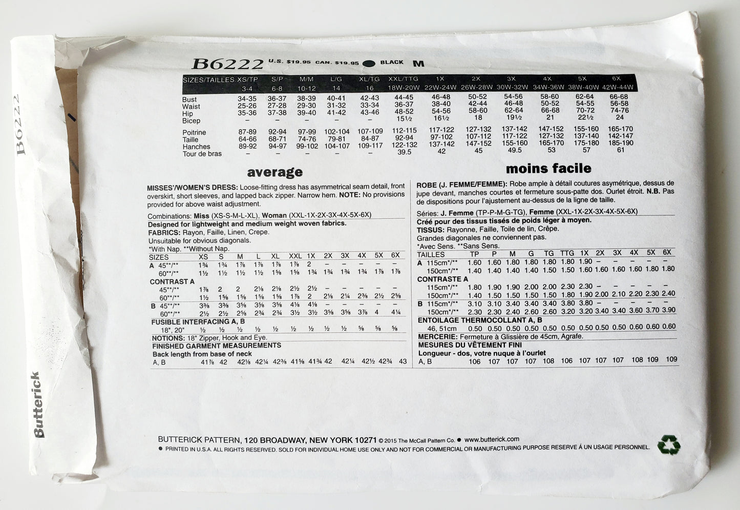 BUTTERICK Sewing Pattern B6222, Dress, Loose Fitting Dress, Asymmetrical, Size 18-44