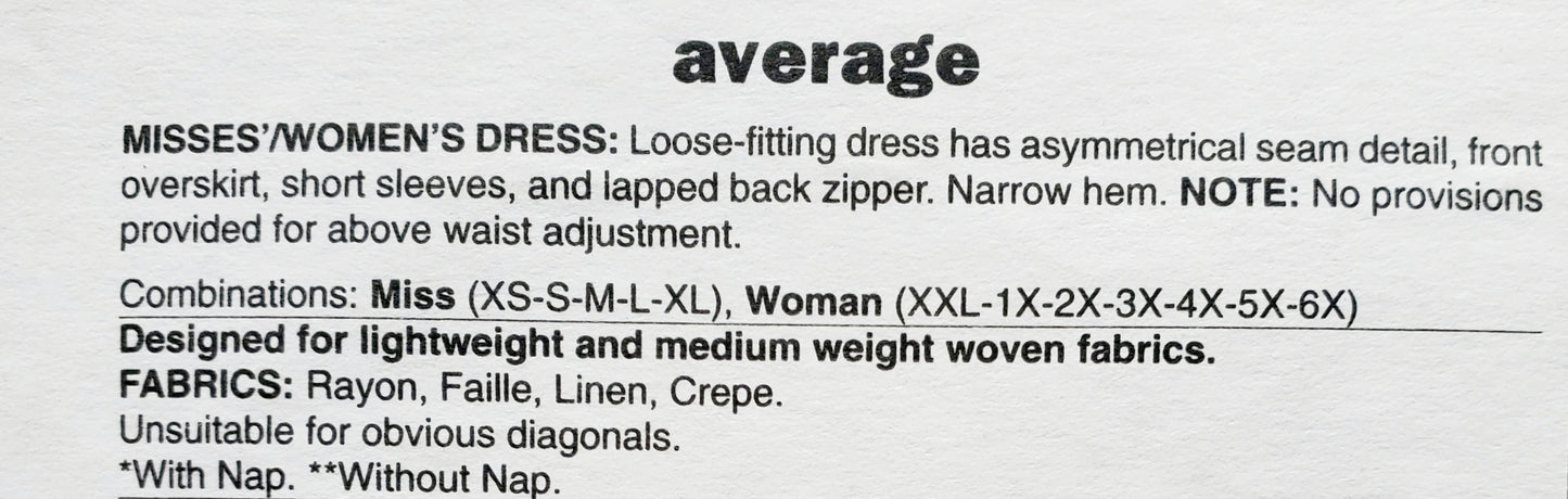 BUTTERICK Sewing Pattern B6222, Dress, Loose Fitting Dress, Asymmetrical, Size 18-44