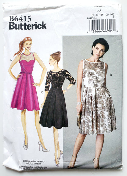 BUTTERICK Sewing Pattern B6415, Dress, Princess Seams, Full Skirt, Pockets, Contrast Overlay, Size 6-14