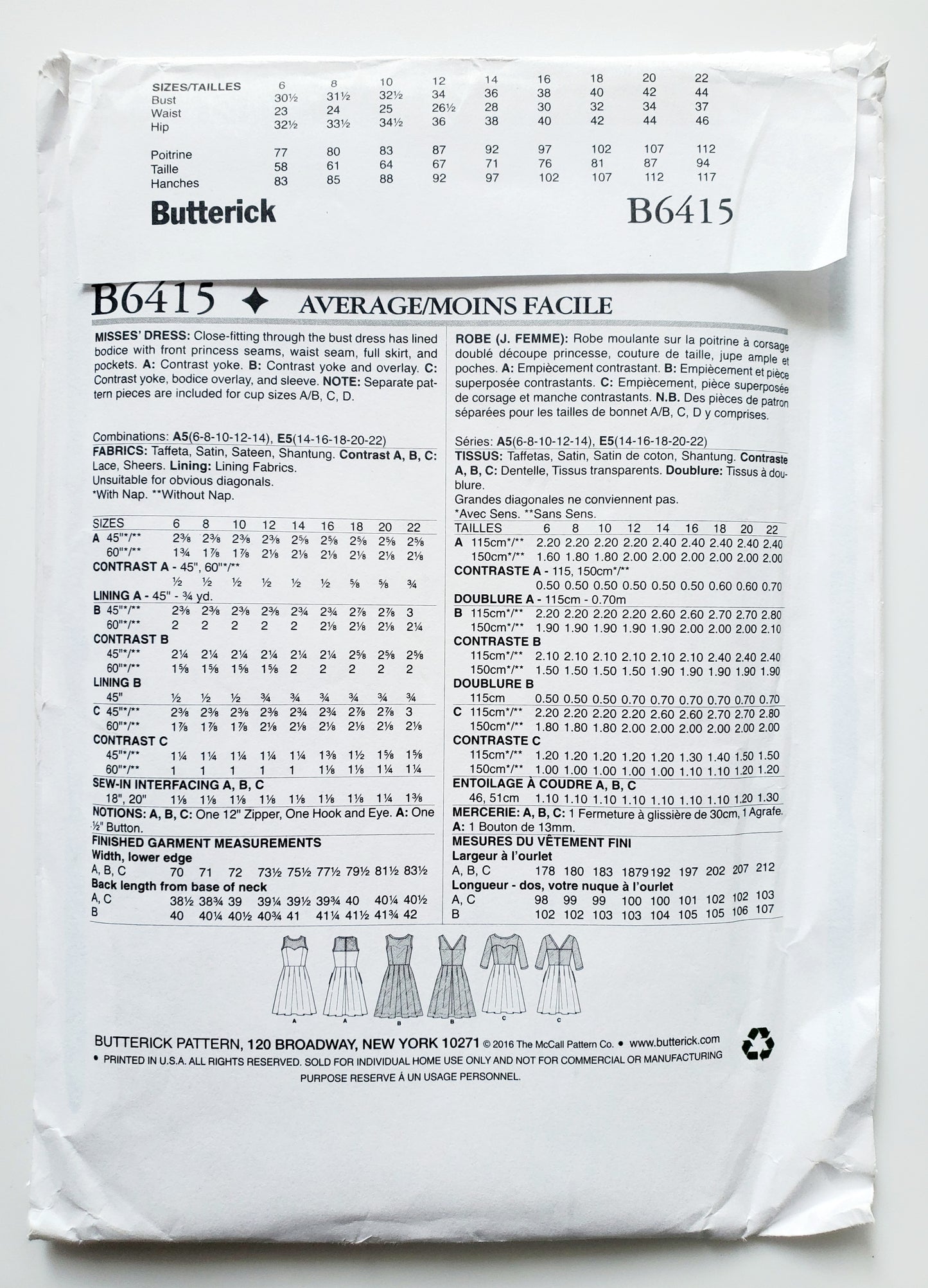 BUTTERICK Sewing Pattern B6415, Dress, Princess Seams, Full Skirt, Pockets, Contrast Overlay, Size 6-14