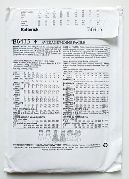 BUTTERICK Sewing Pattern B6415, Dress, Princess Seams, Full Skirt, Pockets, Contrast Overlay, Size 6-14