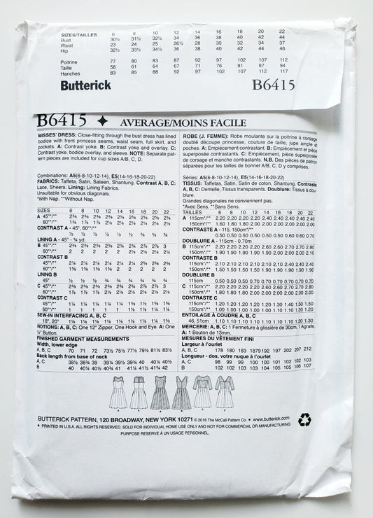BUTTERICK Sewing Pattern B6415, Dress, Princess Seams, Full Skirt, Pockets, Contrast Overlay, Size 6-14