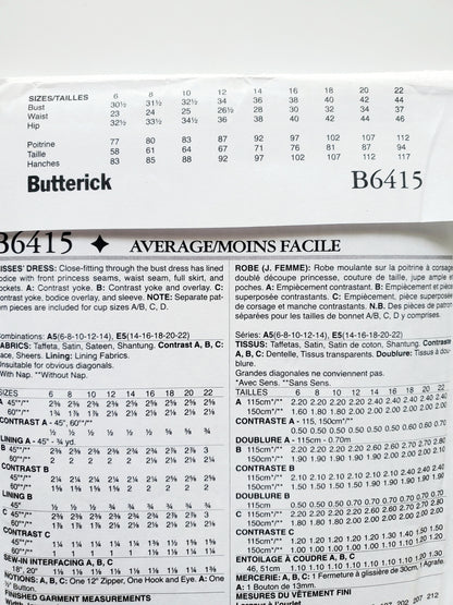 BUTTERICK Sewing Pattern B6415, Dress, Princess Seams, Full Skirt, Pockets, Contrast Overlay, Size 6-14