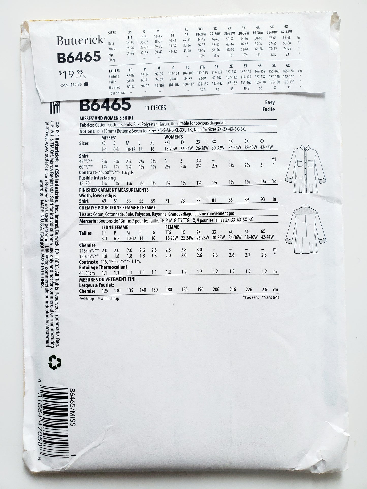 BUTTERICK Sewing Pattern B6465, Shirt, Size 3-16