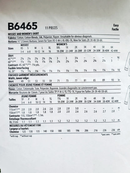 BUTTERICK Sewing Pattern B6465, Shirt, Size 3-16