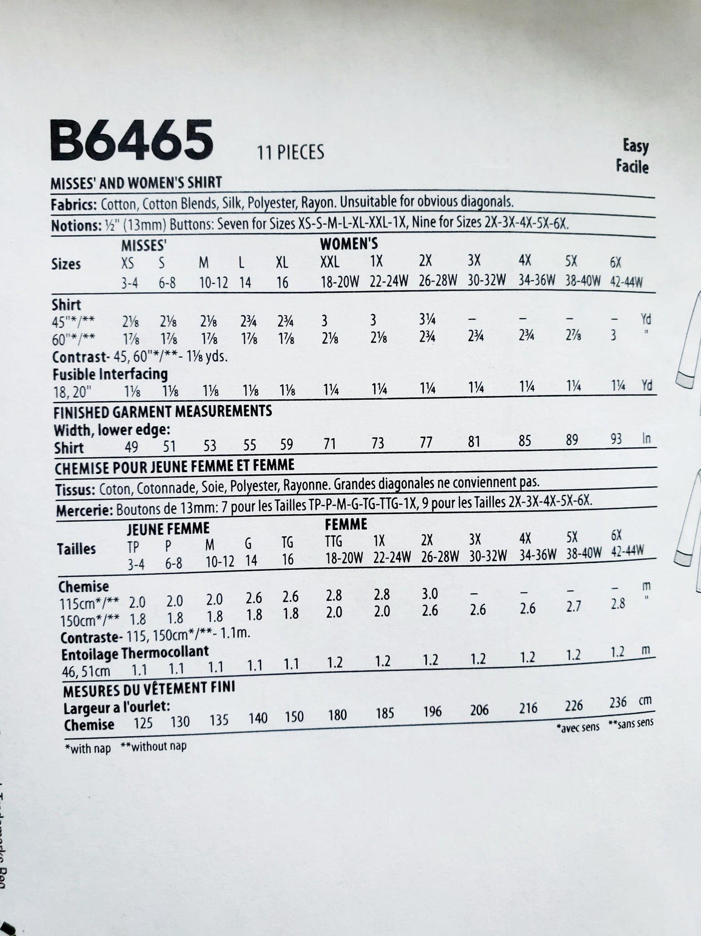 BUTTERICK Sewing Pattern B6465, Shirt, Size 18-44
