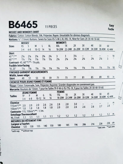 BUTTERICK Sewing Pattern B6465, Shirt, Size 18-44