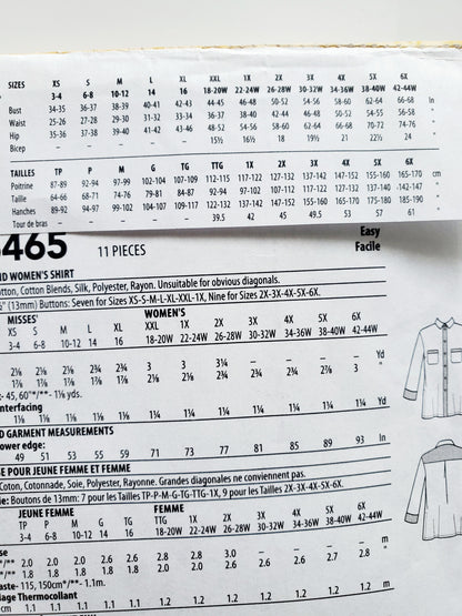 BUTTERICK Sewing Pattern B6465, Shirt, Size 18-44