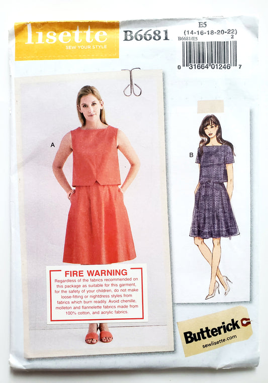 BUTTERICK Sewing Pattern B6681, Dress, Boat Neck, Yoke, Size 14-22