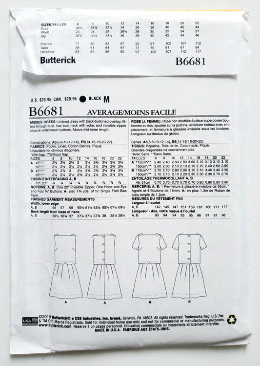 BUTTERICK Sewing Pattern B6681, Dress, Boat Neck, Yoke, Size 14-22