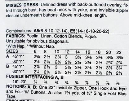 BUTTERICK Sewing Pattern B6681, Dress, Boat Neck, Yoke, Size 14-22