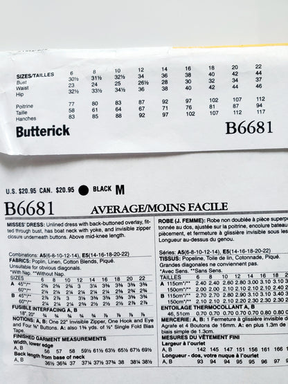 BUTTERICK Sewing Pattern B6681, Dress, Boat Neck, Yoke, Size 14-22