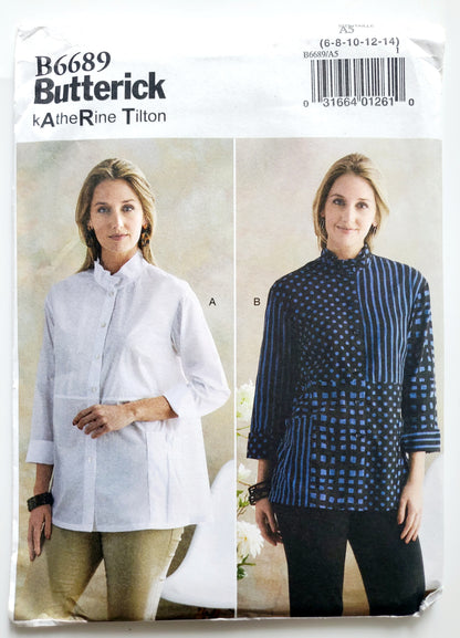 BUTTERICK Sewing Pattern B6689, Shirt, Loose Fitting, Pleated Collar, Contrast, Size 6-14