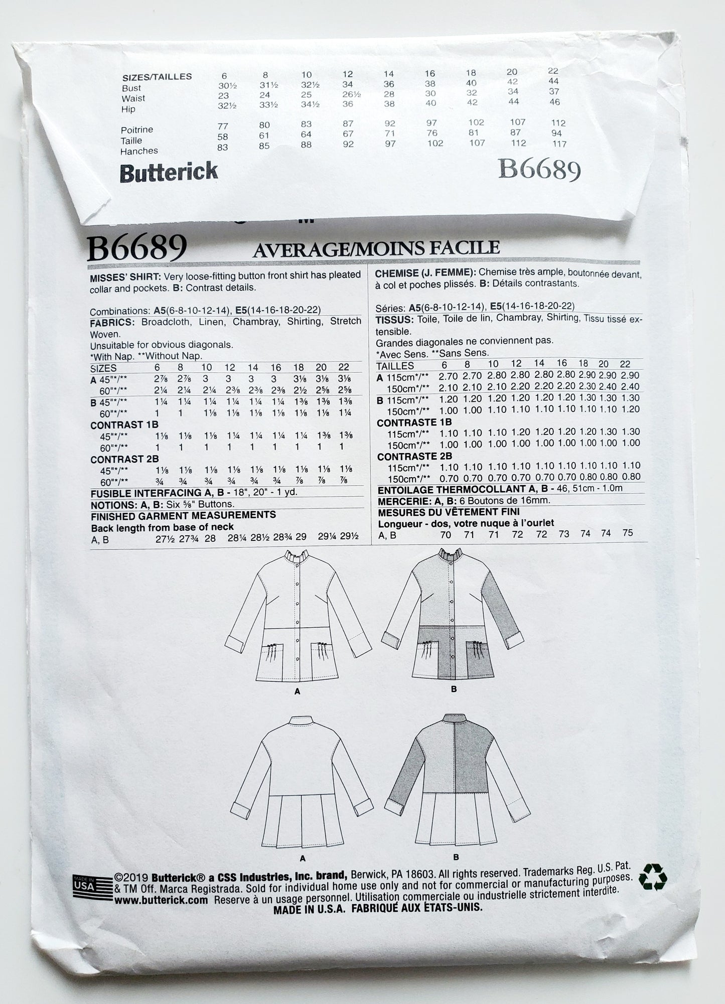 BUTTERICK Sewing Pattern B6689, Shirt, Loose Fitting, Pleated Collar, Contrast, Size 6-14