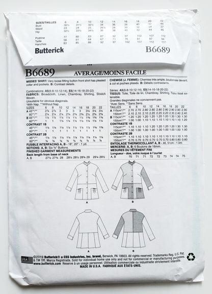 BUTTERICK Sewing Pattern B6689, Shirt, Loose Fitting, Pleated Collar, Contrast, Size 6-14