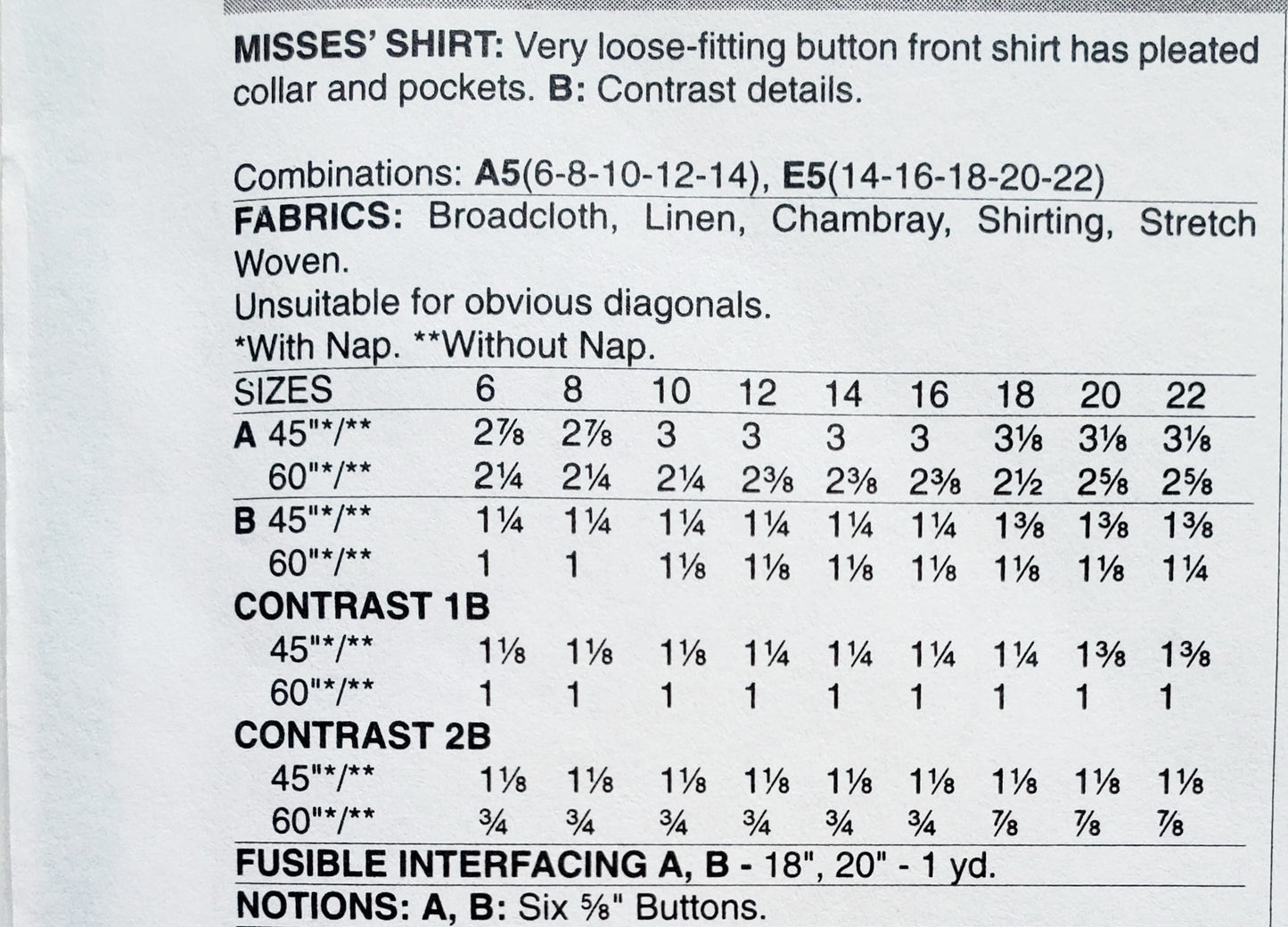 BUTTERICK Sewing Pattern B6689, Shirt, Loose Fitting, Pleated Collar, Contrast, Size 6-14