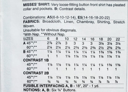 BUTTERICK Sewing Pattern B6689, Shirt, Loose Fitting, Pleated Collar, Contrast, Size 6-14