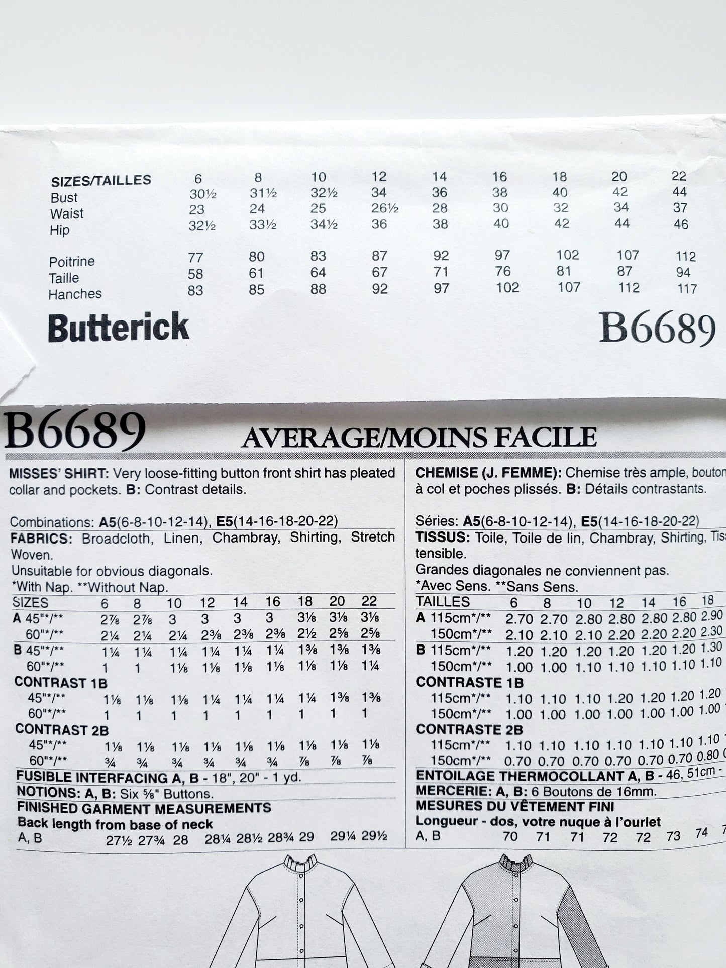 BUTTERICK Sewing Pattern B6689, Shirt, Loose Fitting, Pleated Collar, Contrast, Size 6-14