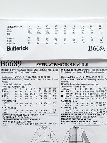 BUTTERICK Sewing Pattern B6689, Shirt, Loose Fitting, Pleated Collar, Contrast, Size 6-14