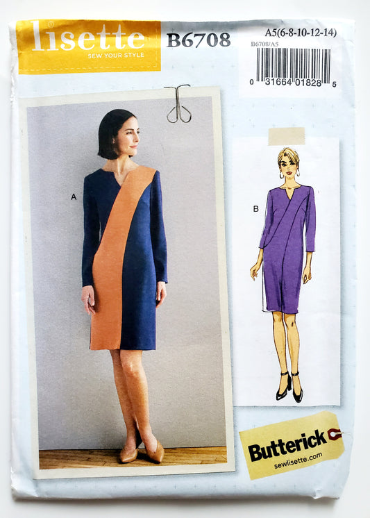 BUTTERICK Sewing Pattern B6708, Dress, Fitted Dress, Contrast, Size 6-14