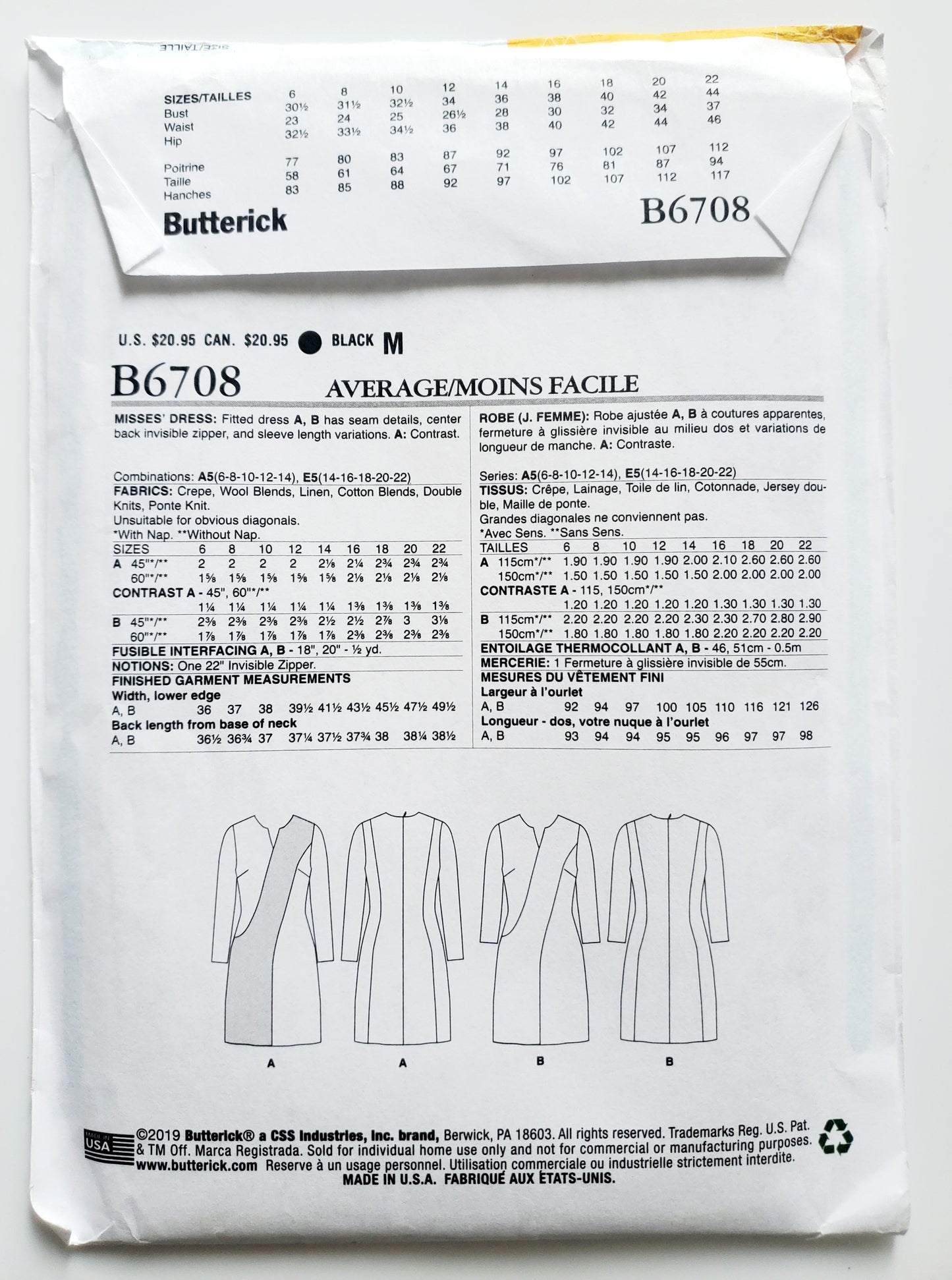 BUTTERICK Sewing Pattern B6708, Dress, Fitted Dress, Contrast, Size 6-14