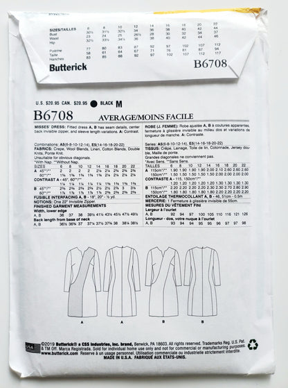 BUTTERICK Sewing Pattern B6708, Dress, Fitted Dress, Contrast, Size 6-14